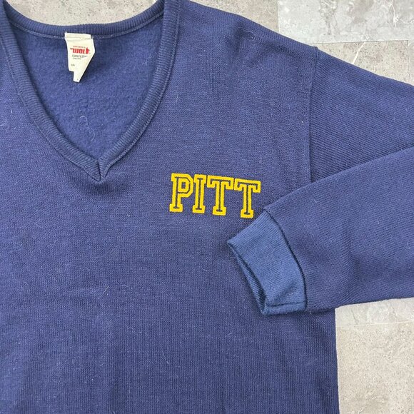 VINTAGE PITT PANTHERS SWEATER MENS MEDIUM V NECK PULLOVER KNIT PITTSBURGH BLUE - Picture 2 of 10